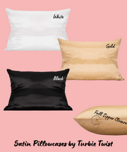 Photo of Three Standard size satin pillowcase with zipper closure in the colors White, Gold, and Black. Text in Photo says: White, Gold, Black, Full Zipper Closure, Satin Pillowcase by Turbie Twist.
